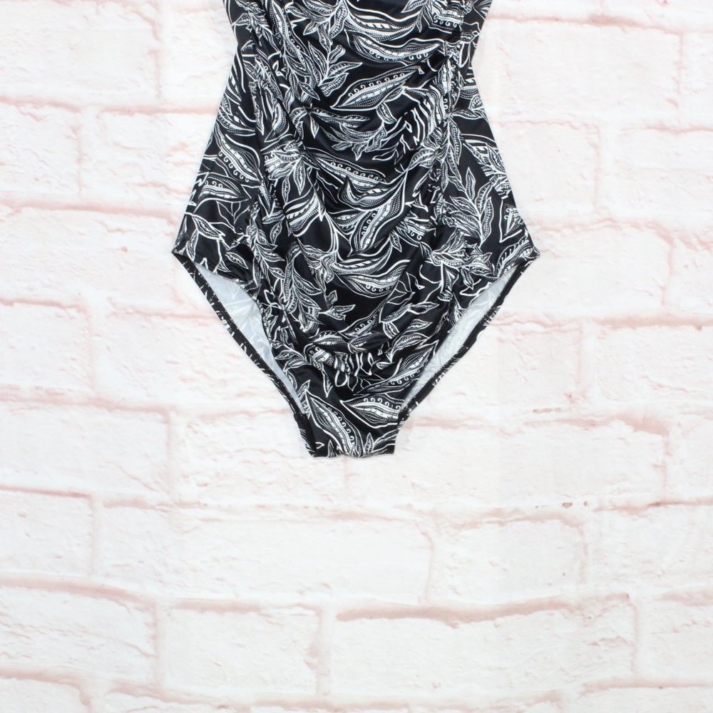 LL Bean Black Botanical Squareneck Tanksuit One-Piece Swimwear Size 12 - Picture 3 of 10